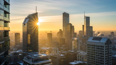 Skyscrapers of Frankfurt am Main at sunrise, Germany.の素材