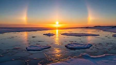 Sunset over the frozen lake. Beautiful winter landscape. Russia.の素材