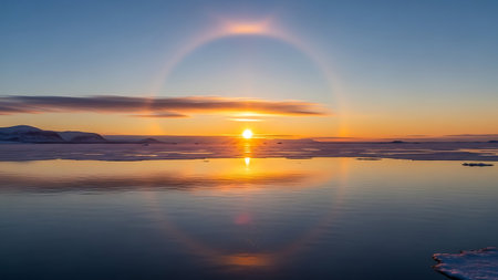 Sunset over the sea in winter. The sun is reflected in the water.の素材