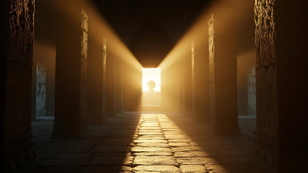 Mysterious dark corridor with golden light. 3D Renderingの素材