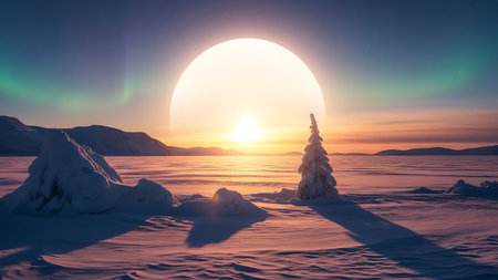 Beautiful winter landscape. Sunrise over the frozen lake. 3d renderingの素材