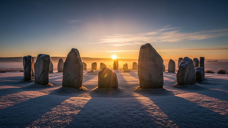 Stonehenge in South Holland, Netherlands at sunrise in winter.の素材
