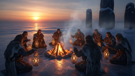 3D CG rendering of people in the sea with a bonfireの素材