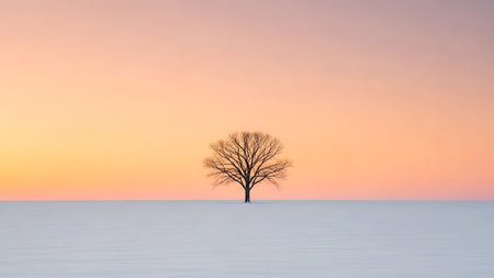 Lonely tree on a snowy field at sunset. Winter landscape.の素材
