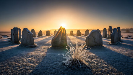 Stonehenge at sunrise on the Baltic Sea coast in Poland.の素材