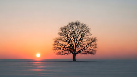 Lonely tree on the sea at sunset. Winter landscape.の素材