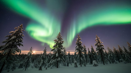 Aurora borealis, northern lights in the winter forest.の素材