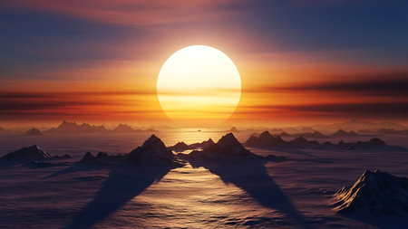 Fantasy alien planet. Mountain and sunset. 3D illustration.の素材