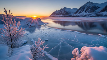 Beautiful winter landscape with frozen lake and snow-covered mountains at sunsetの素材