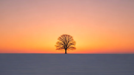 Lonely tree on a snowy field at sunset, winter landscapeの素材