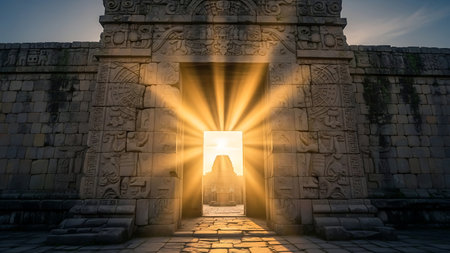 Sunset at the entrance to Chichen Itza, Yucatan, Mexicoの素材