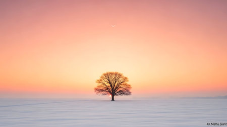Lonely tree on a snowy field at sunset. Winter landscape.の素材