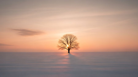 lonely tree on the lake at sunset in winter, Polandの素材