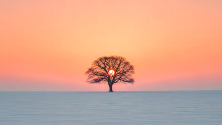 Lonely tree in the snow at sunset in winter season.の素材
