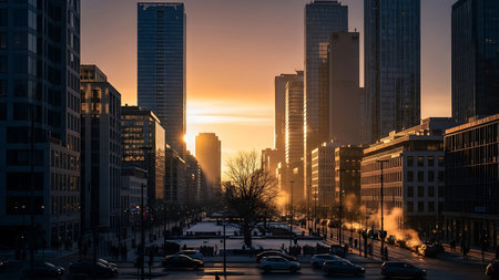 Sunset in downtown Chicago, Illinois, United States of America.の素材