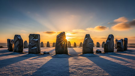 Sunset over the island of Ahu Tongariki, Easter Island, Chileの素材