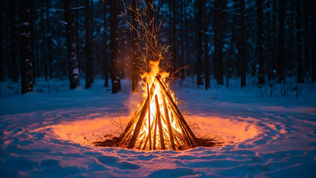 Beautiful bonfire in the winter forest. Camping in the woods.の素材