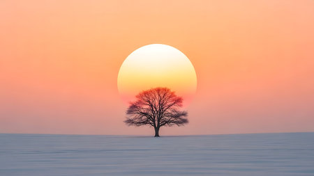 Lonely tree in winter landscape at sunset with sun behind.の素材
