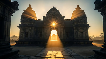 Sunrise at the entrance to the Hindu temple in Hampi.の素材