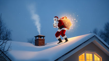 Santa Claus carrying a big bag of gifts on the roof of his houseの素材
