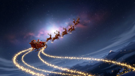 Santa Claus with his sleigh pulled by reindeers against the starry sky.の素材