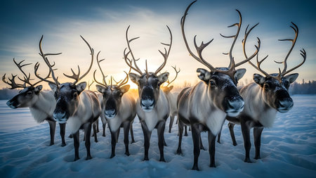 Group of reindeers in the snow at sunset in winter.の素材