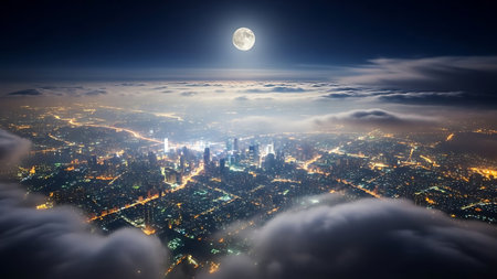 Cityscape at night with bright full moon. 3D rendering.の素材