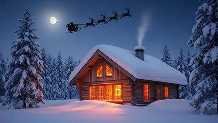 Santa Claus flying in his sleigh with reindeer against fir tree forest at nightの素材