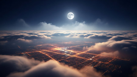 3d rendering of a futuristic city in the clouds with a full moonの素材