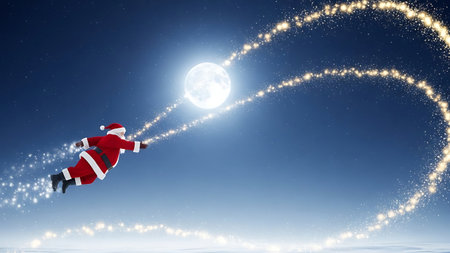 Santa claus flying with a full moon in the night sky.の素材