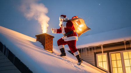 Santa Claus carrying a bag of gifts on the roof of his houseの素材