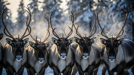 Reindeer herd in winter forest. Wildlife scene from Finland.の素材