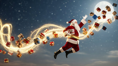 Santa claus flying with gift boxes in his hands on dark backgroundの素材
