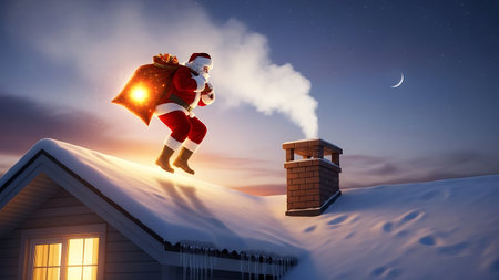 Santa claus carrying sack against chimney and chimney on roofの素材