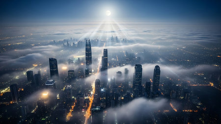 Aerial view of a foggy night city. 3D renderingの素材