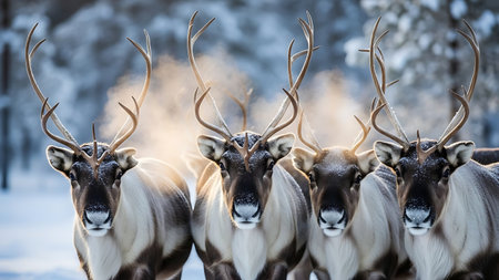 Reindeer herd in the winter forest, close-up.の素材