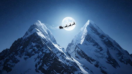 Santa Claus flying in the night sky with reindeer sleighsの素材