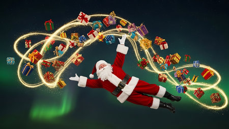 Santa claus flying with magic wand against aurora borealis in backgroundの素材