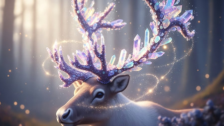 Reindeer in fairy forest with magic lights. 3D renderingの素材