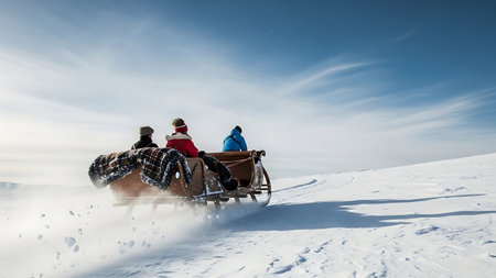 Couple riding a sledge on the top of the mountain in winterの素材