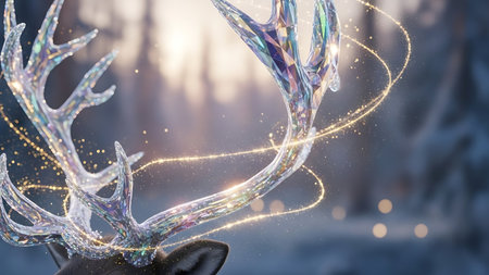 Reindeer head with shiny antlers in winter forest. 3D renderingの素材