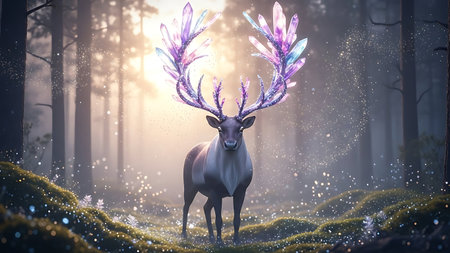 Deer in the forest with magic lights. 3D rendering.の素材