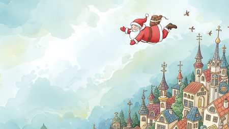 Santa Claus flying over the roofs of the old town, vector illustrationの素材