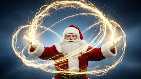 Christmas and New Year concept. Portrait of Santa Claus with lightning in his handsの素材