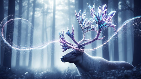 Reindeer in a magical forest with magical lights. 3D renderingの素材