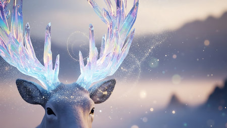 Reindeer head against digitally generated image of mountain landscape with snowの素材