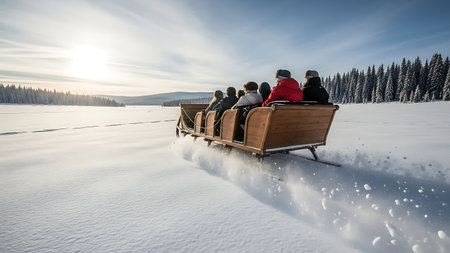 Group of friends sitting in a sleigh on frozen lake in winterの素材