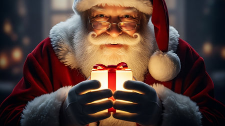 Portrait of Santa Claus holding gift box and looking at camera. Christmas and New Year concept.の素材