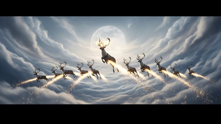 Santa Claus flying in the night sky with reindeer herd.の素材