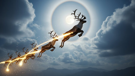 Reindeer flying in the sky with full moon. Mixed mediaの素材